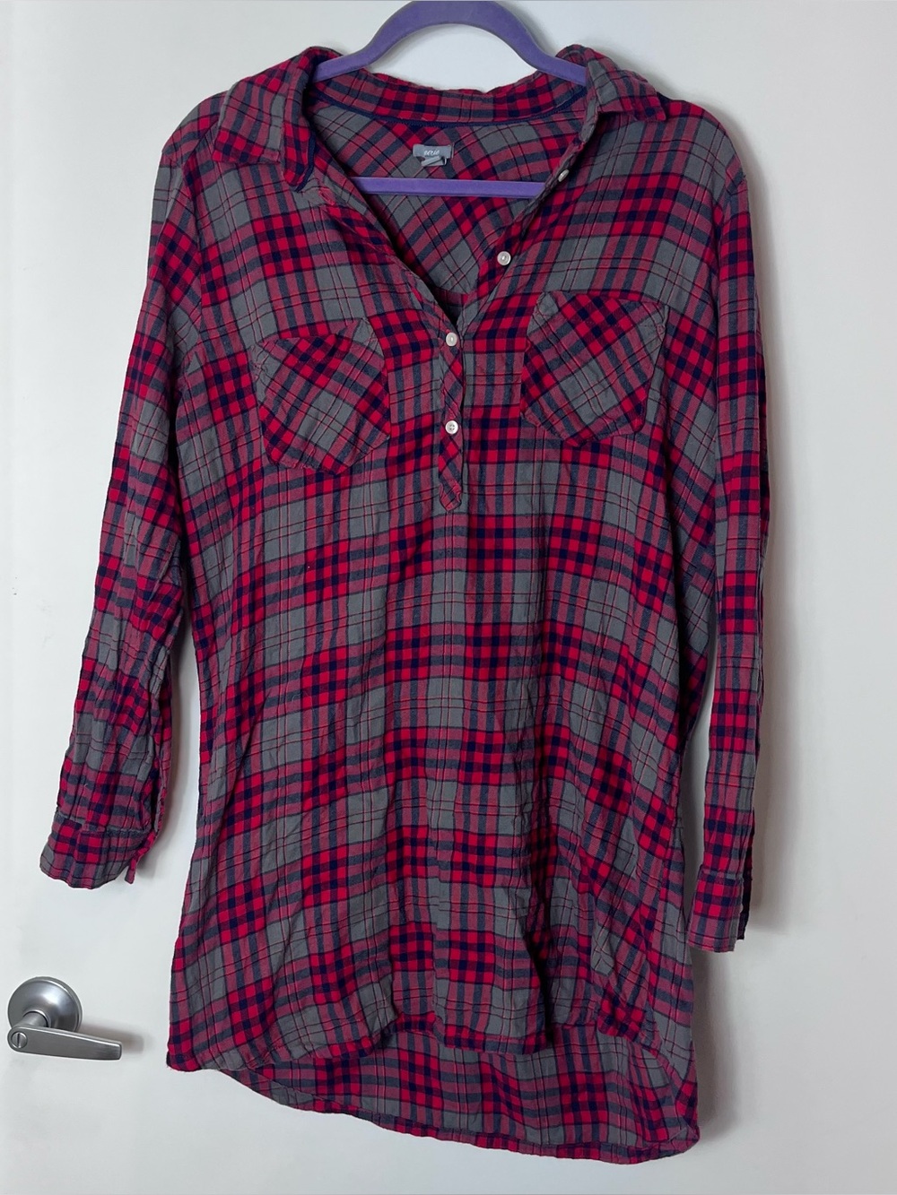 Aerie Red Plaid Button Pajama Sleep‎ Shirt Dress Nightgown Cotton Flannel Large